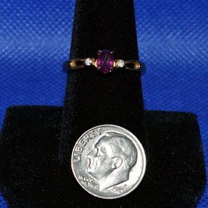 Gold Plated Band with Purple Rhodolite Emerald Cut Stone and White Rhinestones